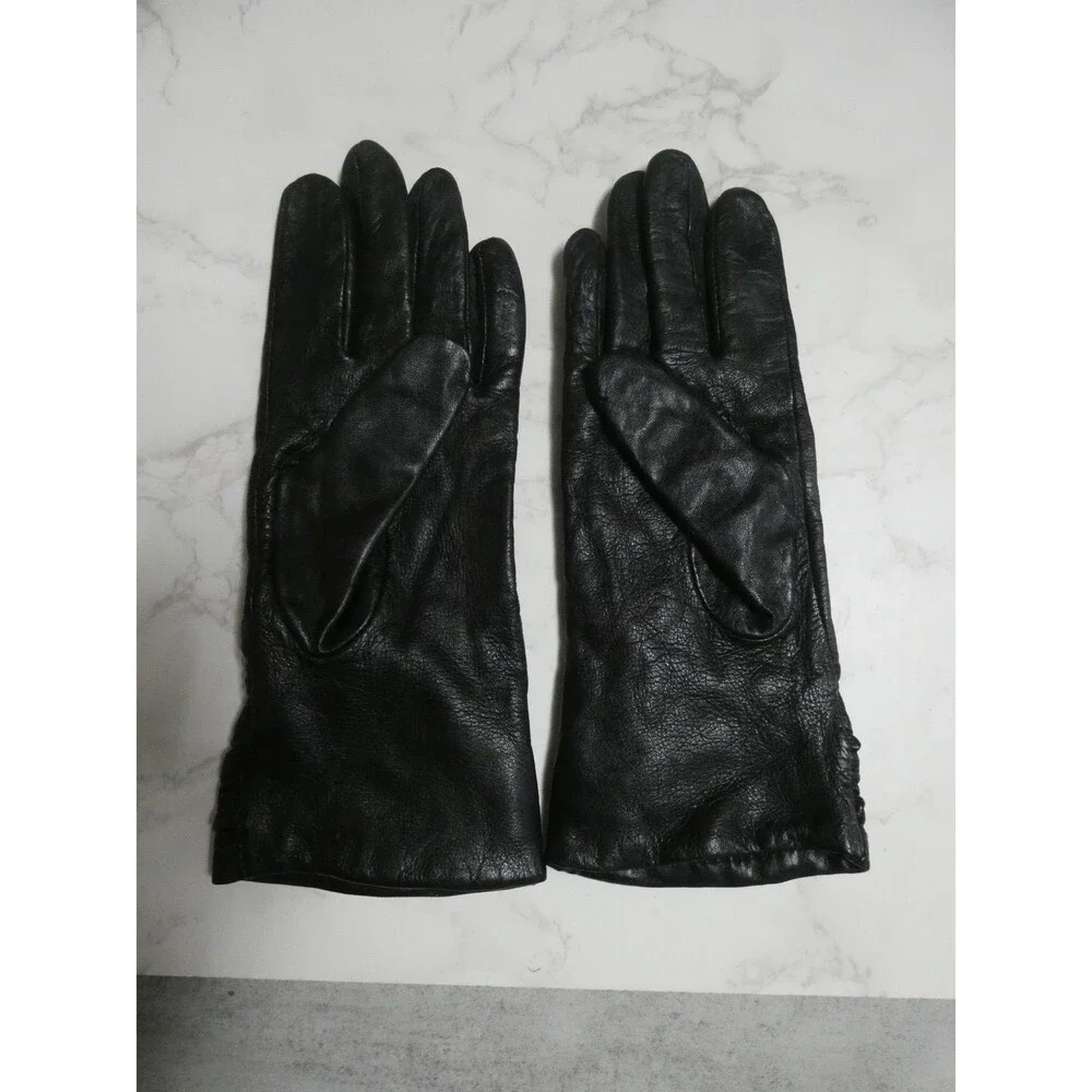 Nine West Women's L Black Leather Gloves Poly Knit Lined Ruched Wrists